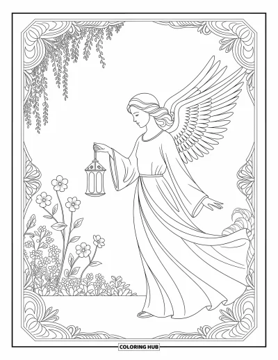 Dibujo de ángeles para colorear para adultos: Un ángel con túnicas fluidas y un farol en un jardín tranquilo
