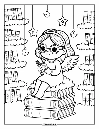 Dibujo de ángeles para colorear para adultos: Un ángel con gafas lee entre libros de nubes y faroles de estrellas