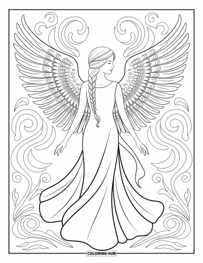 Dibujo de ángeles para colorear para adultos: Un ángel con alas cubiertas de hiedra y una larga trenza posa con elegancia