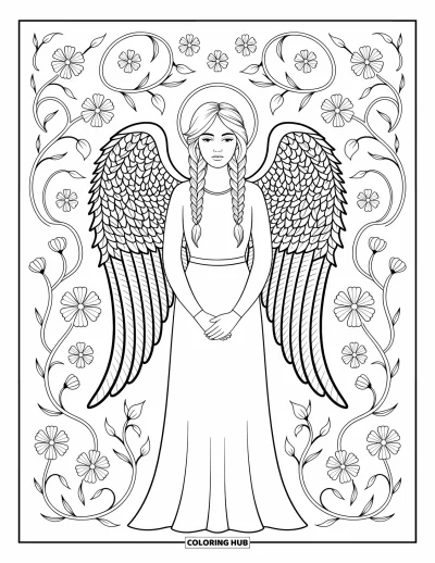 Dibujo de ángeles para colorear para adultos: Un ángel con alas de hiedra y una trenza posa en paz