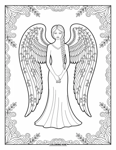 Dibujo de ángeles para colorear para adultos: Un ángel con alas envueltas en hiedra y una trenza posa con elegancia