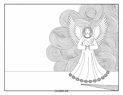 Dibujo de ángeles para colorear para adultos: Un ángel con detalles de encaje sostiene una paloma con suavidad