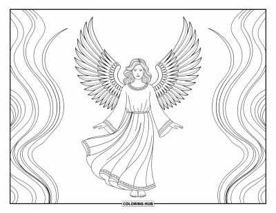 Dibujo de ángeles para colorear para adultos: Un ángel con alas tipo fénix posa con confianza y patrones intrincados