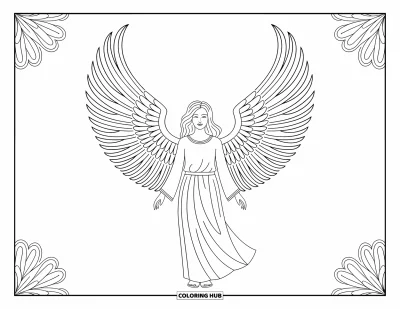 Dibujo de ángeles para colorear para adultos: Un ángel con alas tipo fénix posa con orgullo y patrones detallados