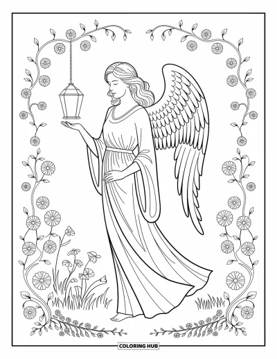 Dibujo de ángeles para colorear para adultos: Un ángel elegante sosteniendo un farol en un jardín floral