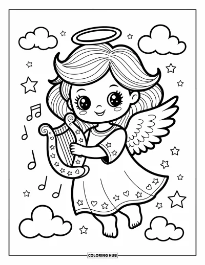 Dibujo de ángeles para colorear para adultos: Dos ángeles flotan tomados de la mano en un puente arcoíris con corazones