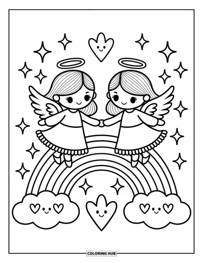 Dibujo de ángeles para colorear para adultos: Dos ángeles se deslizan sobre un puente arcoíris con nubes en forma de corazón