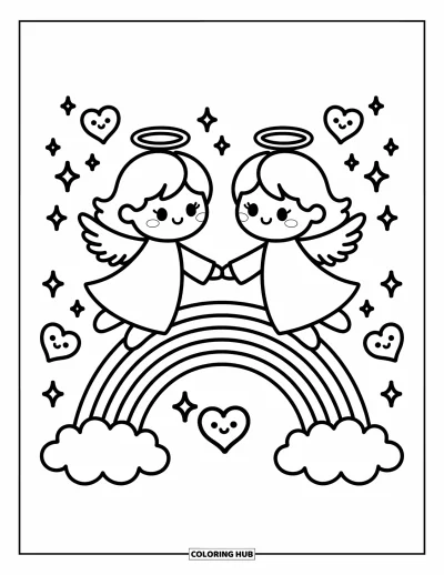 Dibujo de ángeles para colorear para adultos: Dos ángeles se toman de las manos sobre un puente arcoíris con nubes en forma de corazón