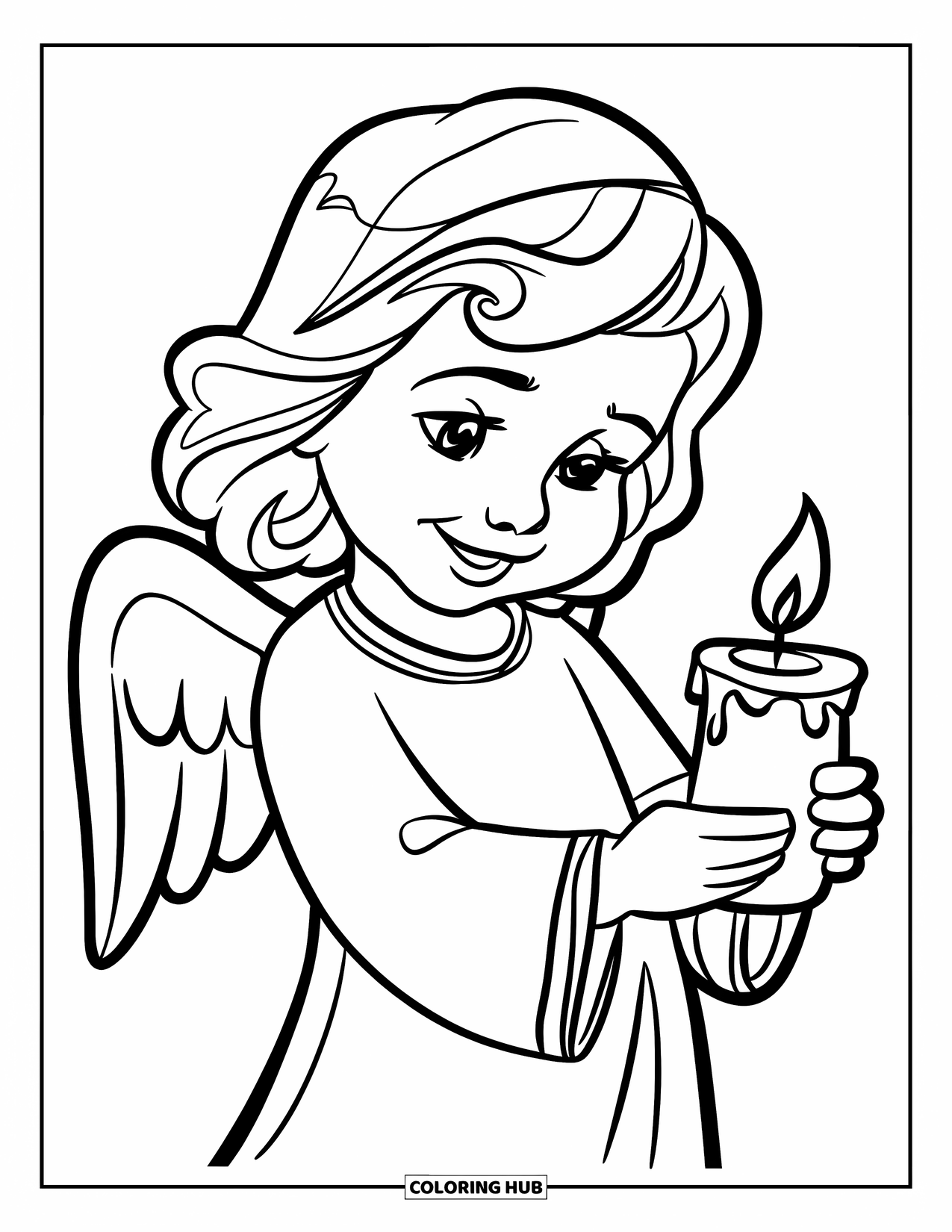 Angel Coloring Page for Kids: A cheerful angel holding a candle softly