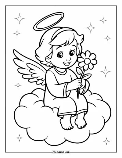 Dibujo de ángeles para colorear para niños: Un ángel alegre sosteniendo una flor sobre una nube esponjosa