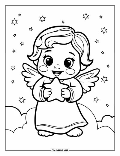 Dibujo de ángeles para colorear para niños: Un ángel alegre con una estrella sobre una nube esponjosa