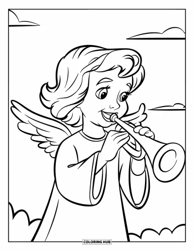 Dibujo de ángeles para colorear para niños: Un ángel alegre con una trompeta de juguete sentado en una nube