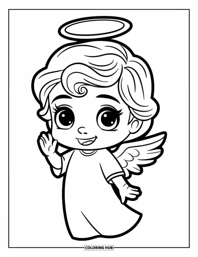 Dibujo de ángeles para colorear para niños: Un ángel chibi saludando feliz con una pequeña aureola