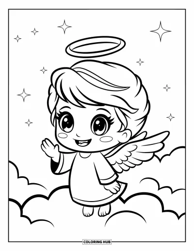 Dibujo de ángeles para colorear para niños: Un ángel chibi saludando mientras está de pie sobre una nube
