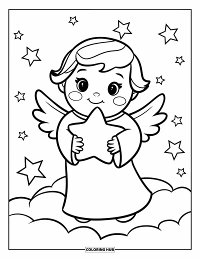 Dibujo de ángeles para colorear para niños: Un ángel tierno sosteniendo una estrella mientras está sobre una nube