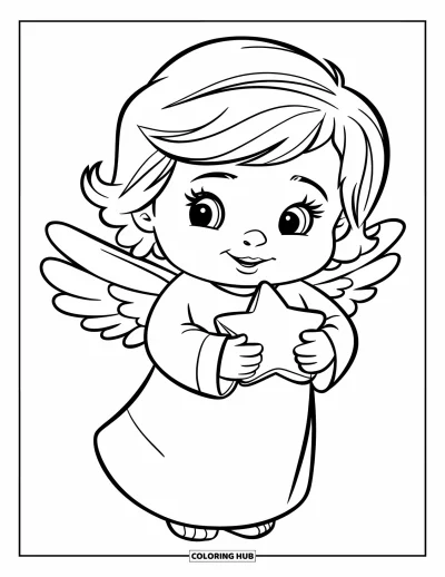 Dibujo de ángeles para colorear para niños: Un ángel tierno de mejillas redonditas sosteniendo una estrella
