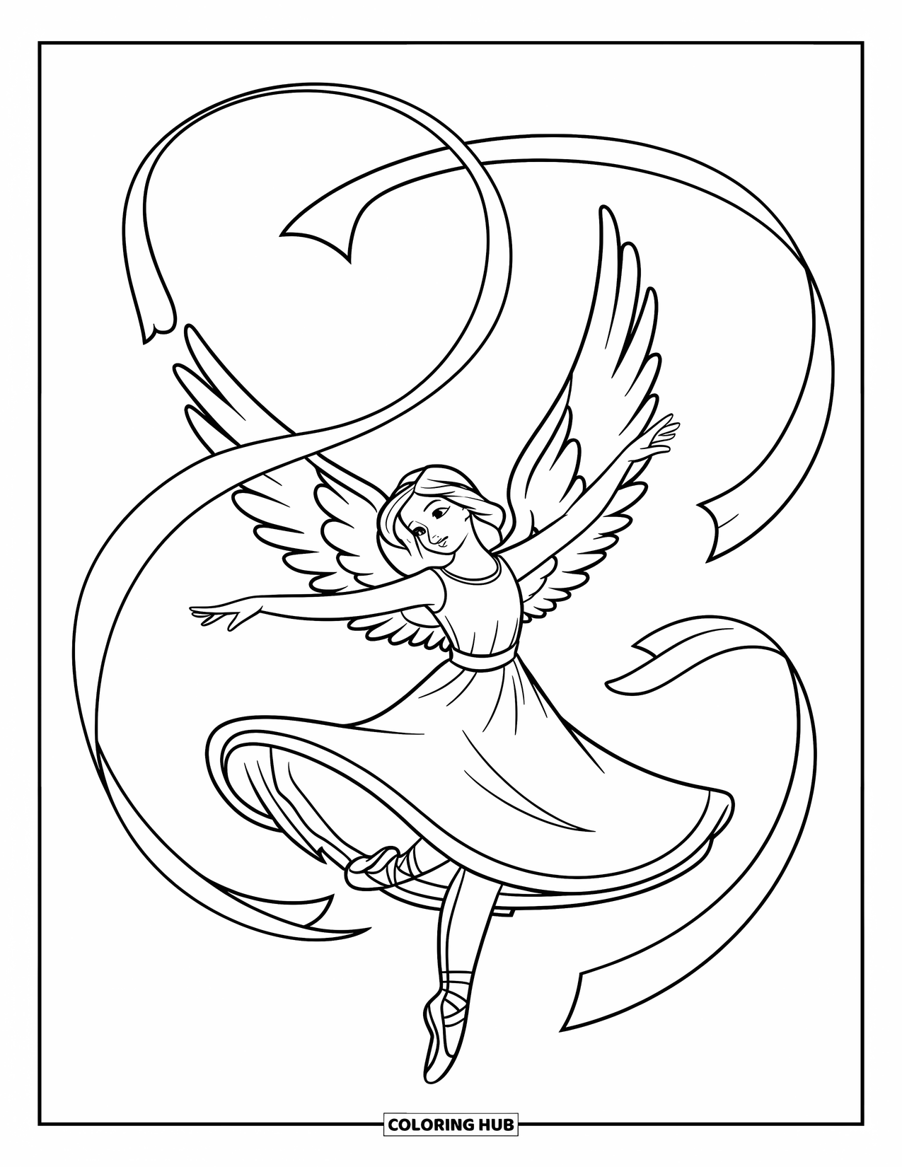 Angel Coloring Page for Kids: A dancer angel spinning gracefully with ribbons and wings