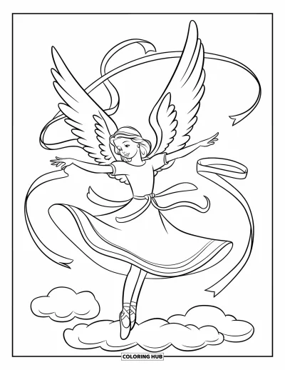Dibujo de ángeles para colorear para niños: Un ángel bailarín girando en una nube con cintas y alas