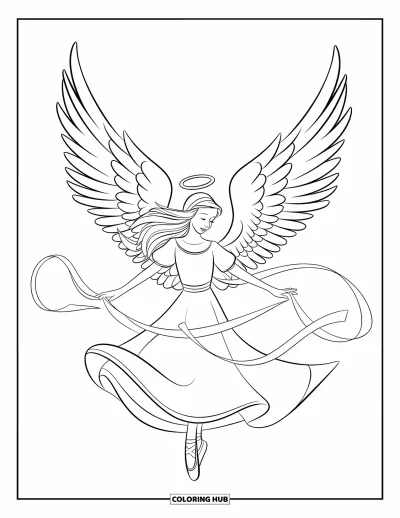 Dibujo de ángeles para colorear para niños: Un ángel bailarín girando con cintas, con aureola y vestido blanco