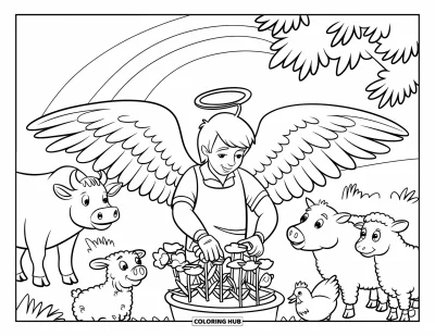 Dibujo de ángeles para colorear para niños: Un ángel granjero plantando flores en un campo con varios animales cerca