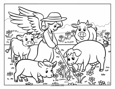 Dibujo de ángeles para colorear para niños: Un ángel granjero plantando flores con animales reunidos alrededor