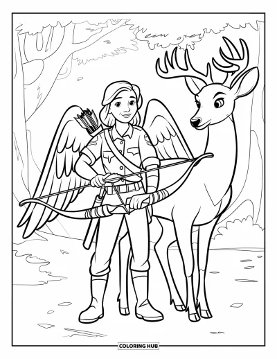 Dibujo de ángeles para colorear para niños: Un ángel guardabosques sosteniendo un arco con un ciervo en el bosque