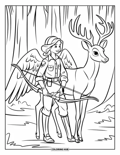 Dibujo de ángeles para colorear para niños: Un ángel guardabosques con un arco y un ciervo en un bosque
