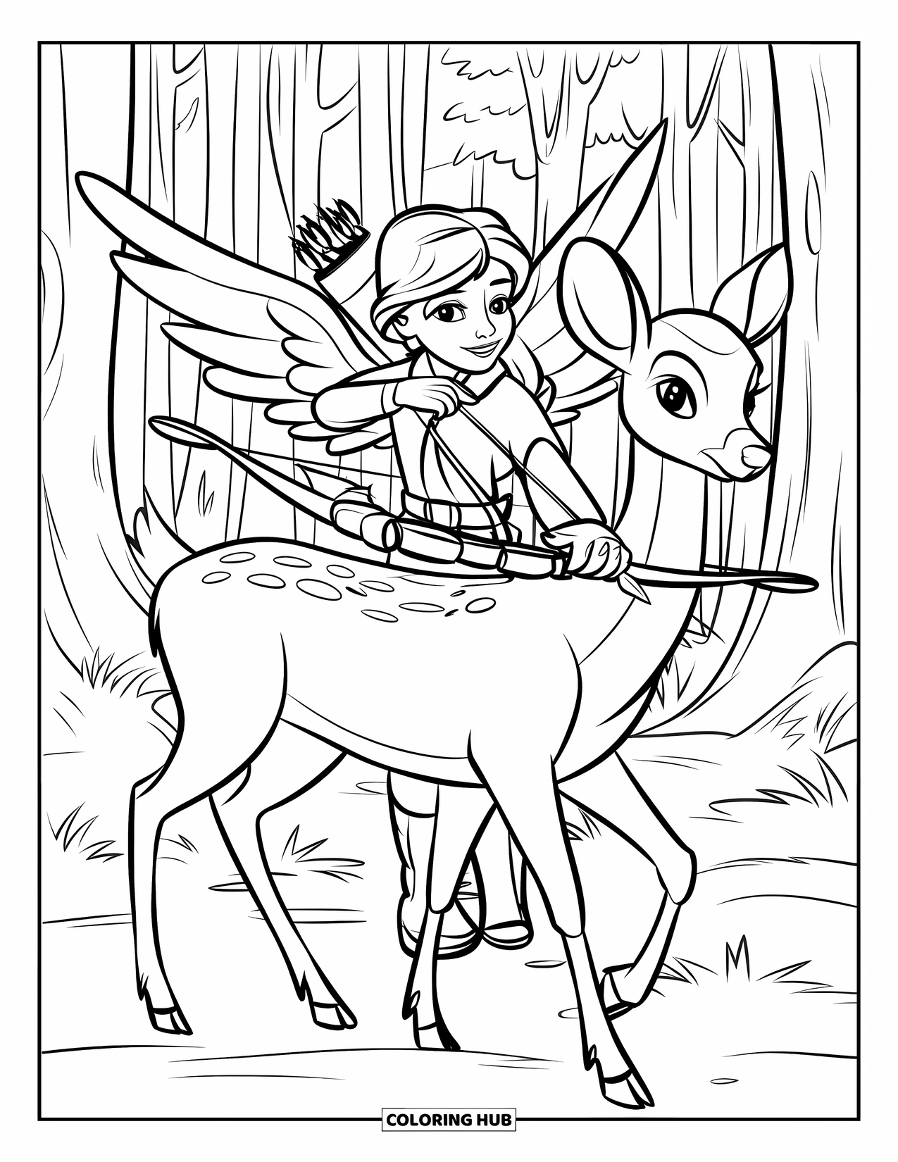 Angel Coloring Page for Kids: A forest ranger angel with wings and a deer among tall trees