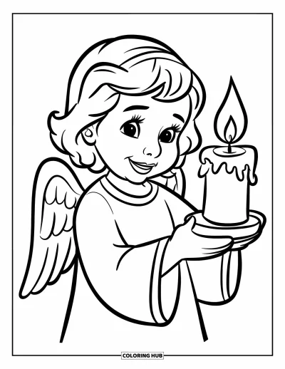 Dibujo de ángeles para colorear para niños: Un ángel feliz sosteniendo una vela con una sonrisa suave