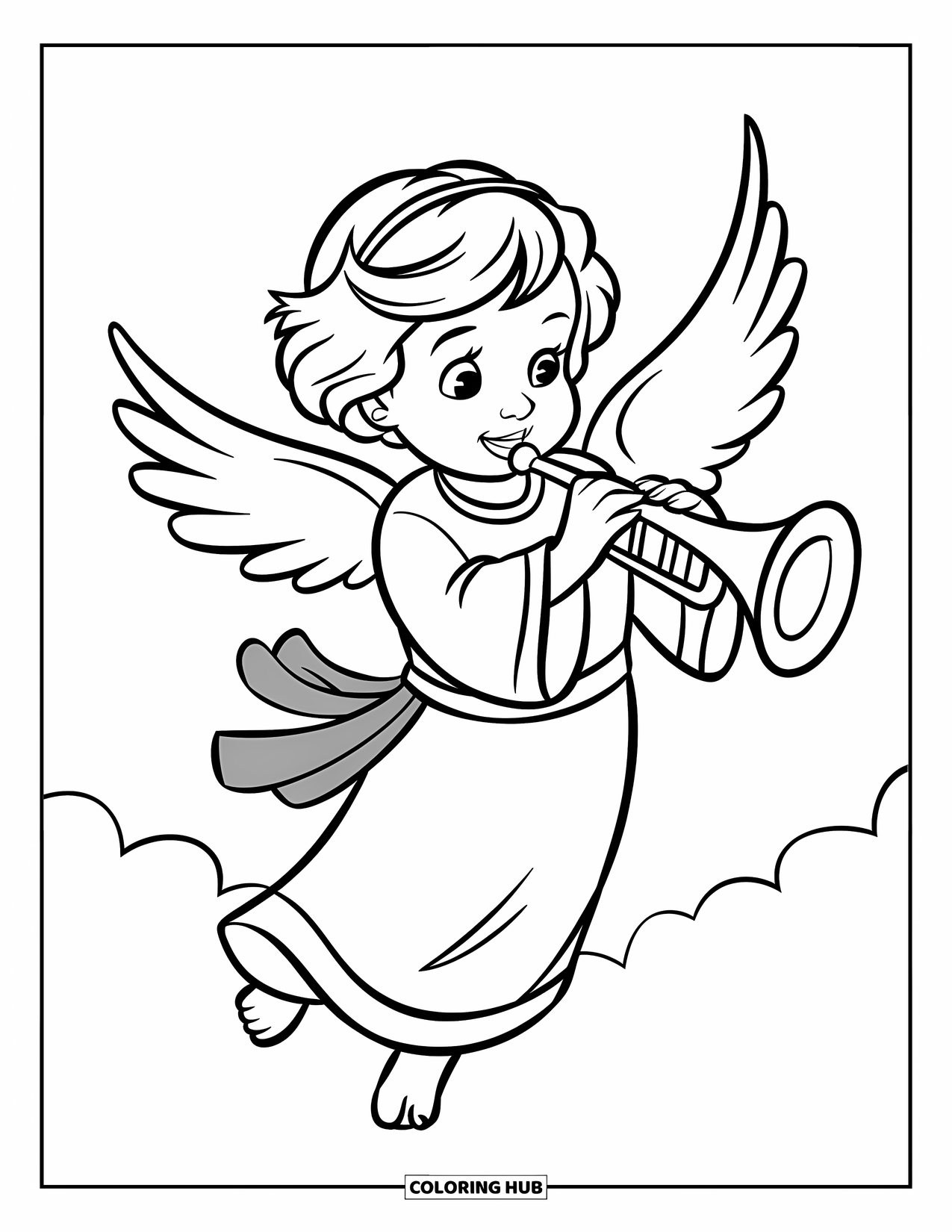 Angel Coloring Page for Kids: A joyful angel with a toy trumpet and short wings