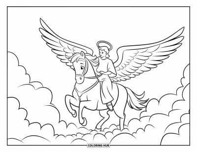 Dibujo de ángeles para colorear para niños: Un ángel mensajero montando un caballo alado entre nubes