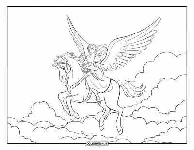 Dibujo de ángeles para colorear para niños: Un ángel mensajero de cabello largo montando un caballo alado entre nubes