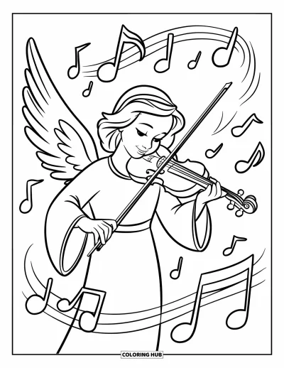 Dibujo de ángeles para colorear para niños: Un ángel músico tocando un violín con notas flotando alrededor