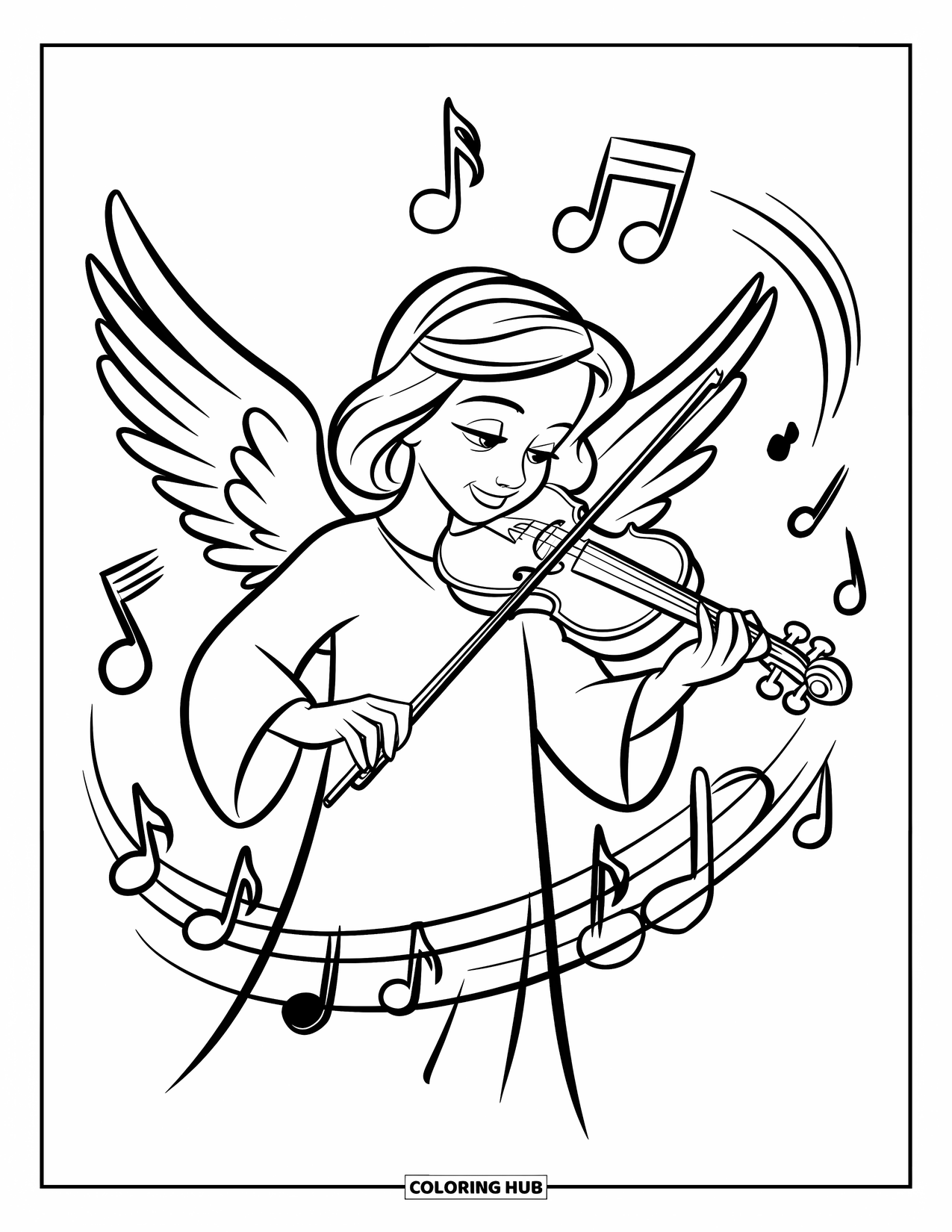 Angel Coloring Page for Kids: A musician angel playing a violin with notes swirling around