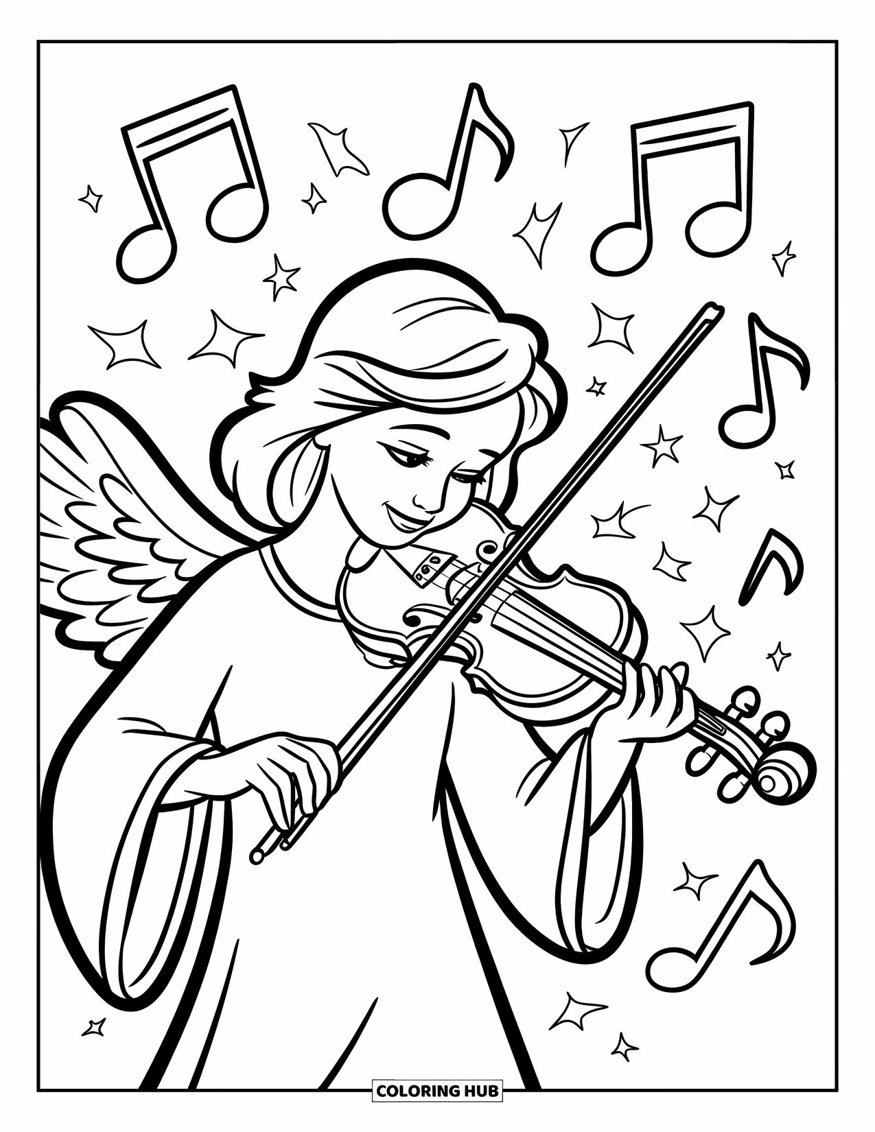 Angel Coloring Page for Kids: A musician angel with wings playing a violin surrounded by musical notes