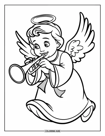 Dibujo de ángeles para colorear para niños: Un ángel juguetón con una trompeta y una sonrisa feliz