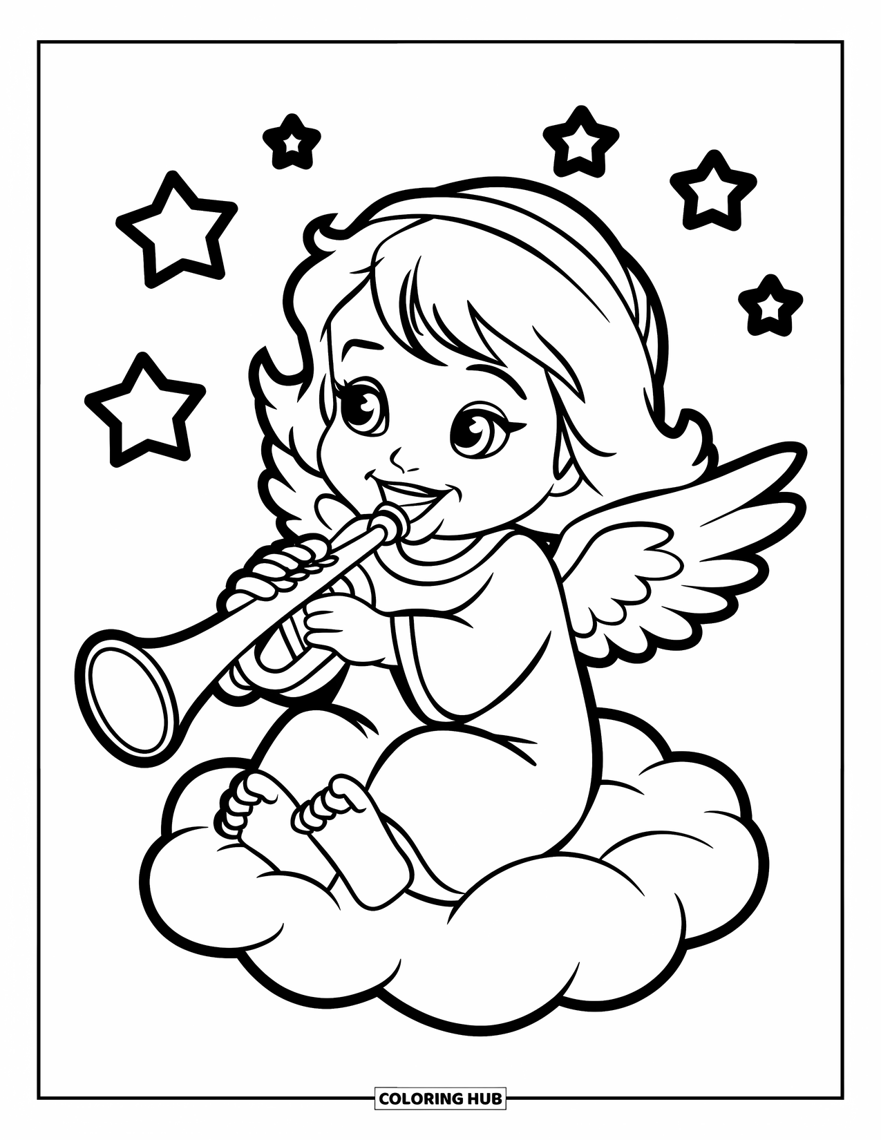 Angel Coloring Page for Kids: A playful angel with short wings and a toy trumpet