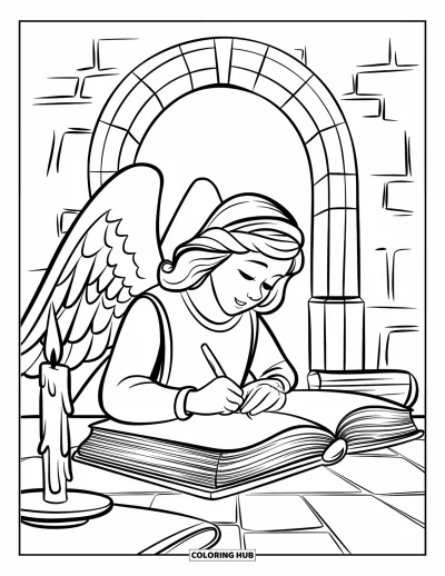 Dibujo de ángeles para colorear para niños: Un ángel erudito escribiendo a la luz de una vela con un arco de piedra cerca