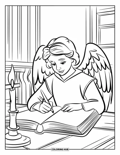 Dibujo de ángeles para colorear para niños: Un ángel erudito escribiendo en un libro a la luz de una vela en una habitación de madera