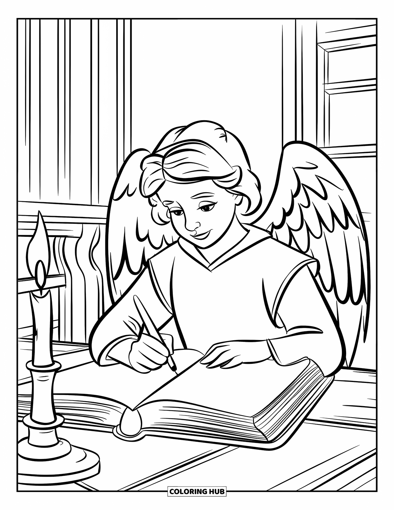 Angel Coloring Page for Kids: A scholar angel writing in a book by candlelight in a wooden room