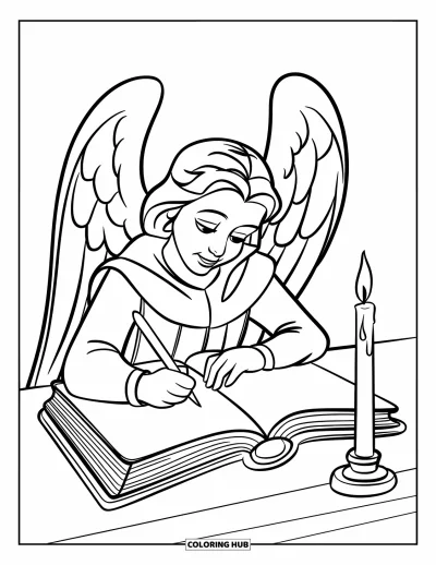 Dibujo de ángeles para colorear para niños: Un ángel erudito escribiendo en un tomo a la luz de una vela