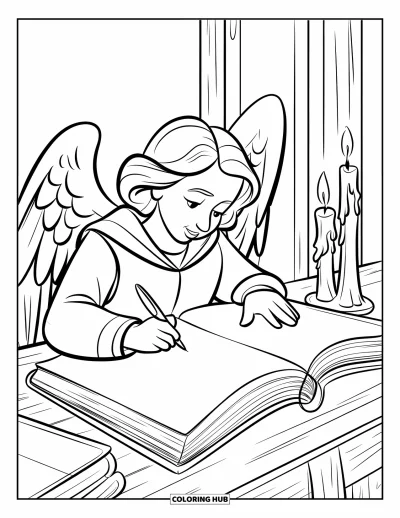 Dibujo de ángeles para colorear para niños: Un ángel erudito escribiendo en un tomo a la luz de una vela en una habitación oscura