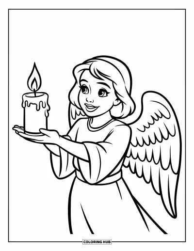 Dibujo de ángeles para colorear para niños: Un ángel sonriente sosteniendo una vela con brillo cálido