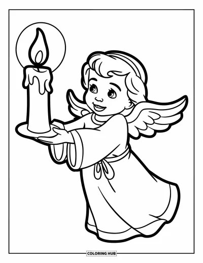Dibujo de ángeles para colorear para niños: Un ángel sonriente con una vela en la mano
