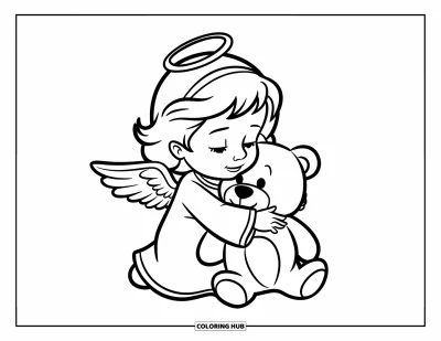 Dibujo de ángeles para colorear para niños: Un ángel pequeño abrazando un osito de peluche con aureola