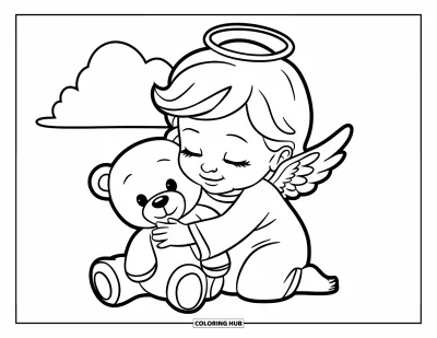 Dibujo de ángeles para colorear para niños: Un ángel pequeño abrazando un osito de peluche con una sonrisa cálida