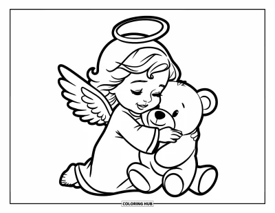 Dibujo de ángeles para colorear para niños: Un ángel pequeño con alas abrazando un osito de peluche con cariño