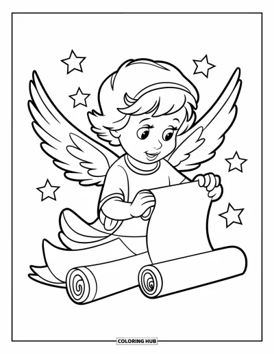 Dibujo de ángeles para colorear para niños: Un ángel joven leyendo un pergamino con estrellas alrededor