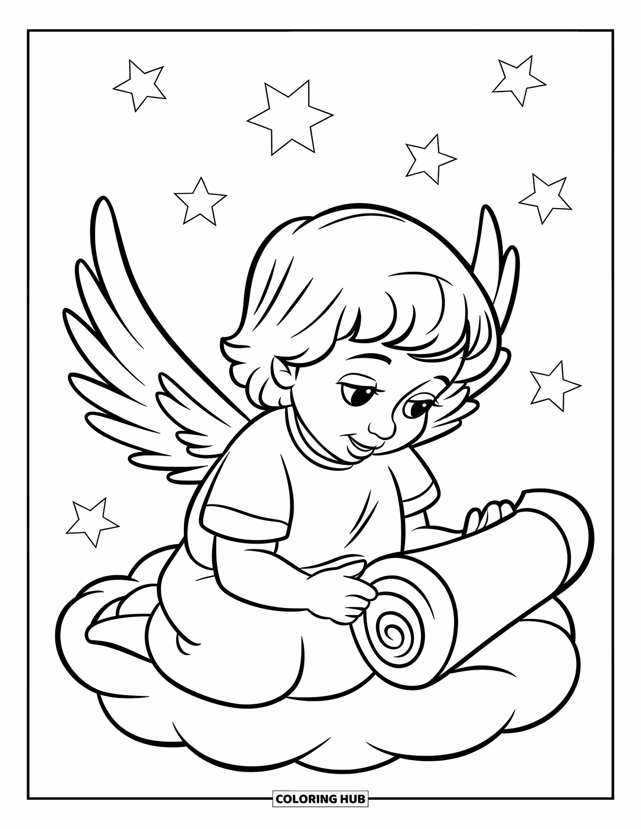 Angel Coloring Page for Kids: A young angel with wings reading a scroll on a cloud