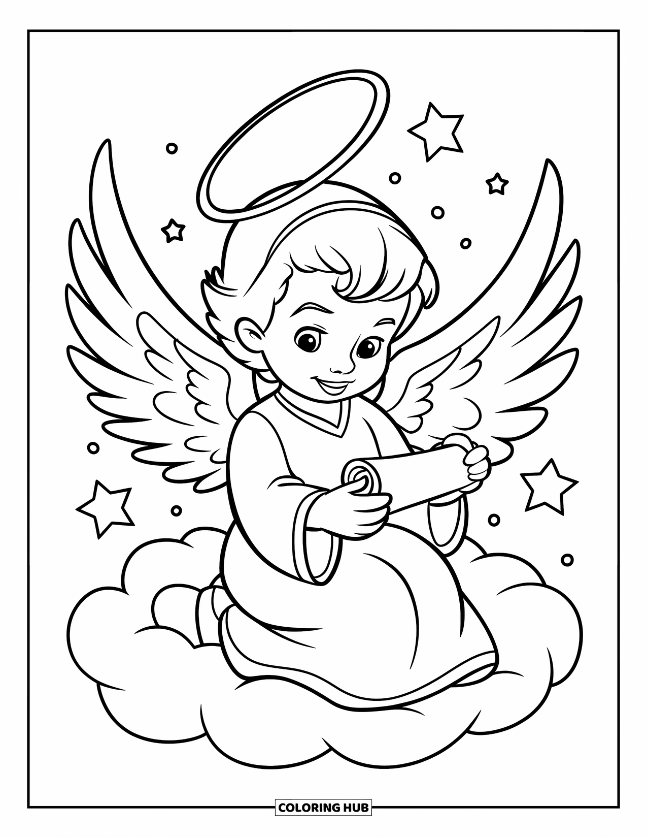 Angel Coloring Page for Kids: A young angel with wings reading a scroll under a starry sky
